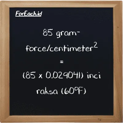 Cara konversi gram-force/centimeter<sup>2</sup> ke inci raksa (60<sup>o</sup>F) (gf/cm<sup>2</sup> ke inHg): 85 gram-force/centimeter<sup>2</sup> (gf/cm<sup>2</sup>) setara dengan 85 dikalikan dengan 0.029041 inci raksa (60<sup>o</sup>F) (inHg)